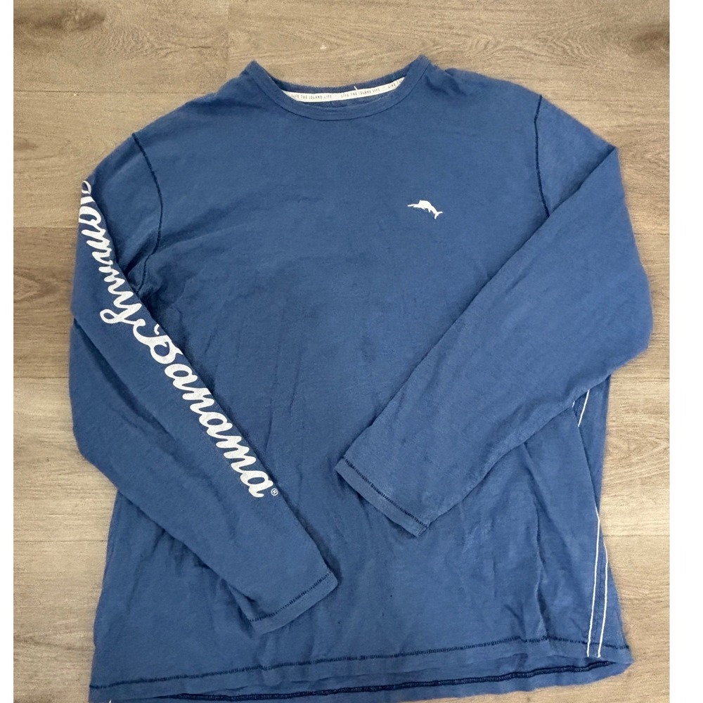 Tommy Bahama Mens XL Blue Long Sleeve Graphic T-Shirt American Flag Marlin Logo